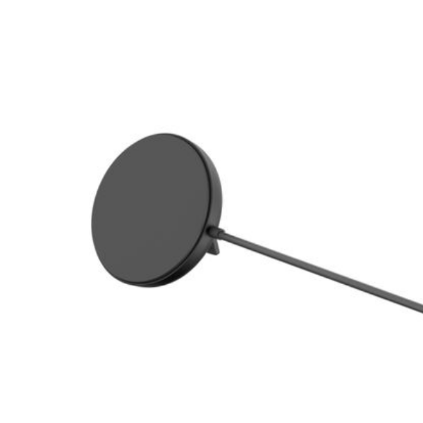 Black Belkin magnetic wireless charging pad with attached cable, shown from the side view.