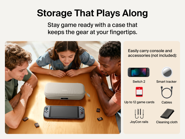 Belkin Gaming Charging Case Pro for Nintendo Switch 2 shown storing the console, game cards, cables, and accessories for organized, game-ready portability.