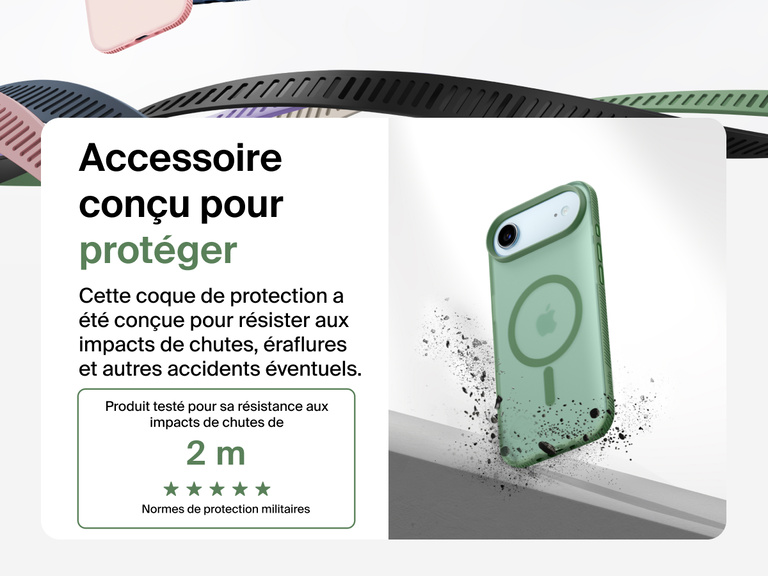 Belkin SheerForce Grip Series Case for iPhone 17 shown with textured grip and impact protection against drops.