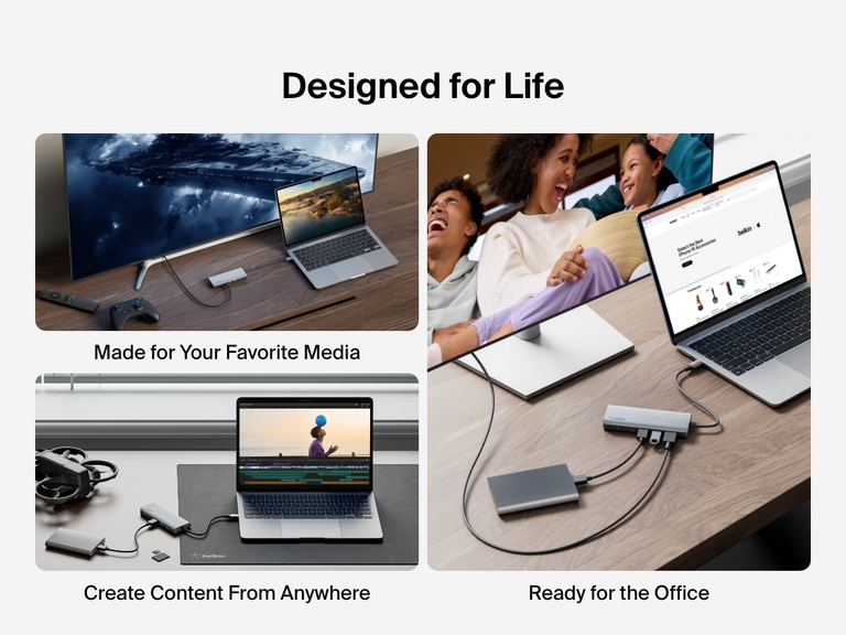 Image showcasing the versatile use of the Belkin Connect USB-C 7-in-1 Multiport Hub for media streaming, office productivity, and content creation with laptops and various connected devices.