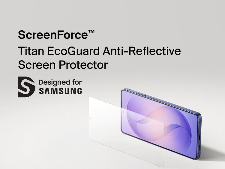 Belkin ScreenForce Titan EcoGuard Anti-Reflective Screen Protector for Samsung Galaxy S26 shown applied to a smartphone display, designed to reduce glare, resist scratches, and provide durable everyday screen protection.