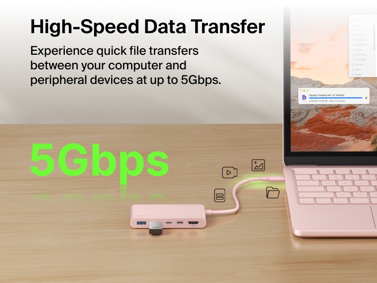 Belkin Connect 5-Port USB-C Hub with Dual USB-C Ports enables high-speed data transfer up to 5Gbps between laptop and connected devices.