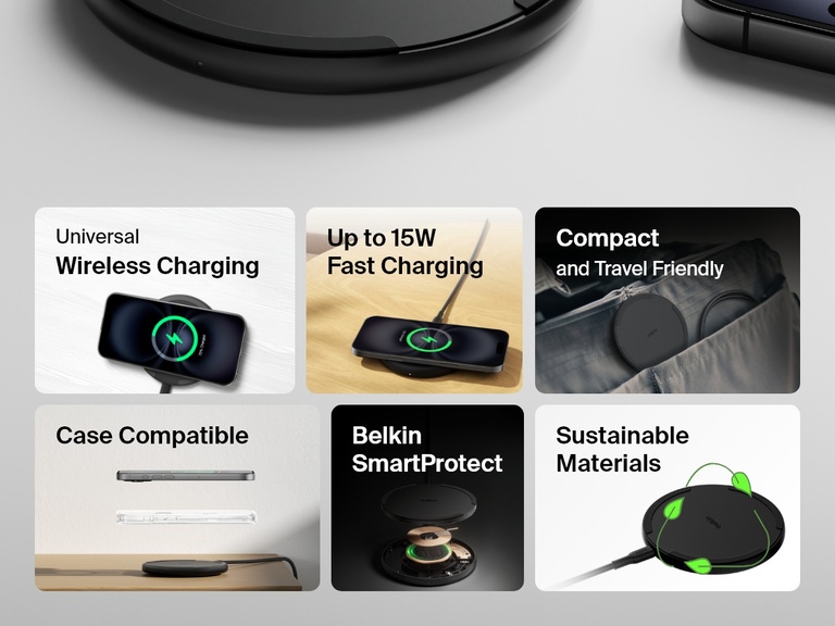 A black Belkin BoostCharge Wireless Charging Pad 15W is showcased with key features, including universal wireless charging, up to 15W fast charging, compact and travel-friendly design, case compatibility, Belkin SmartProtect technology, and sustainable materials, displayed in individual sections with corresponding images.