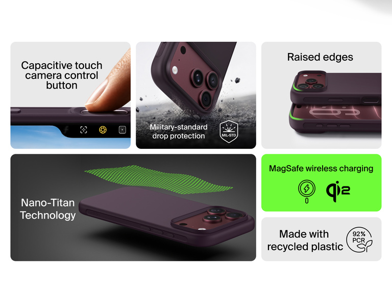 Belkin Protect Series Case for iPhone 18 features 92% recycled plastic, Nano-Titan technology, military-grade drop protection, raised edges, MagSafe and Qi2 charging, and a capacitive camera control button.