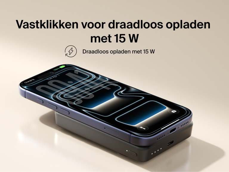 Slim Magnetic Power Bank 10K with Qi2 magnetically attached to smartphone demonstrating wireless charging capability