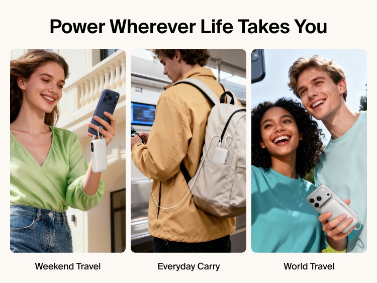 Belkin UltraCharge 10K power bank with integrated USB-C cable and digital display used for portable charging during travel, commuting, and everyday carry