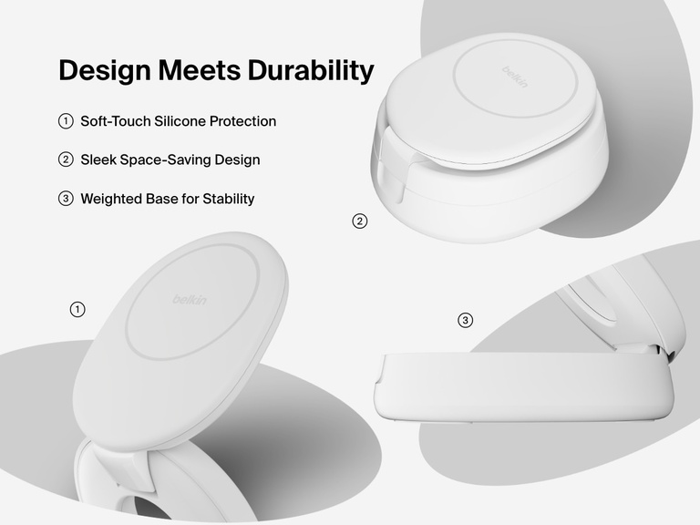 Belkin BoostCharge 2-in-1 Convertible Magnetic Charging Stand with Qi2 15W features soft-touch silicone, a space-saving foldable design, and a weighted base for added stability.