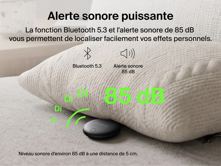 Image du tracker Belkin SureFind Spot qui utilise le Bluetooth&nbsp;5.3 et qui &eacute;met une alerte sonore de 85&nbsp;dB pour g&eacute;olocaliser des indispensables oubli&eacute;s.