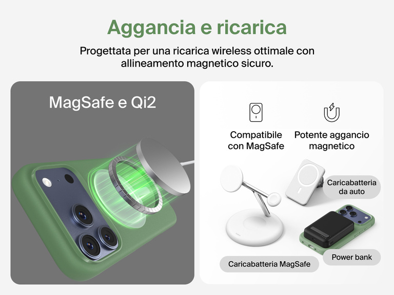 Custodia Belkin SheerForce Protect Series per iPhone 17 con bordi rialzati per la protezione dello schermo e della fotocamera, e design appositamente pensato per garantire una ricarica wireless magnetica ottimale.