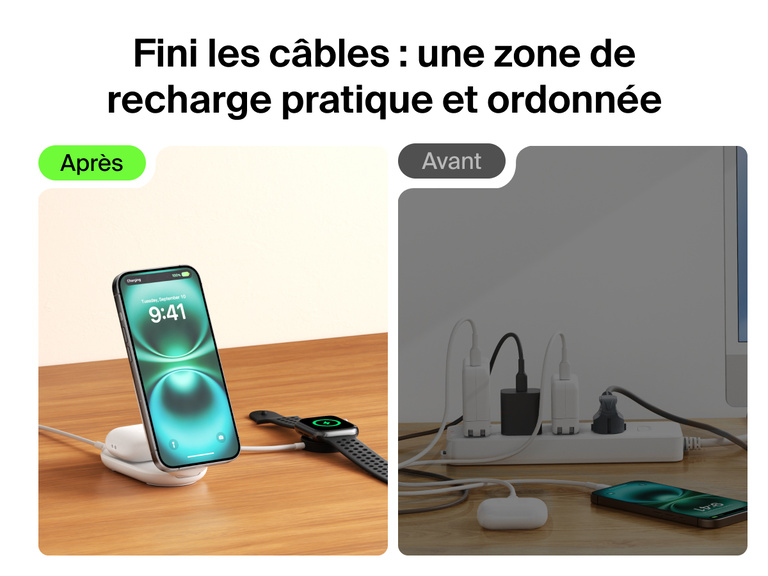 Socle de recharge 2-en-1 aimanté et pliable Belkin UltraCharge avec Qi2 25 W offrant une alternative aux cordons emmêlés et une recharge sans fil unique pour iPhone, AirPods et Apple Watch.