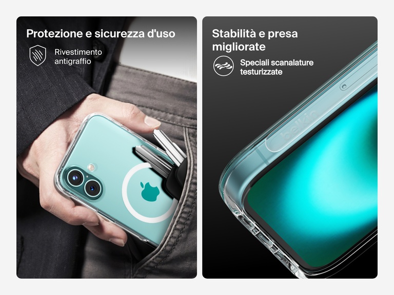 A dual-image showcase of the SheerForce™ Magnetic iPhone Case's key protective features. The left image highlights the anti-scratch coating, showing the case protecting an iPhone from keys in a pocket. The right image focuses on the enhanced stability and grip, featuring special textured grooves that improve handling and reduce the risk of slipping.