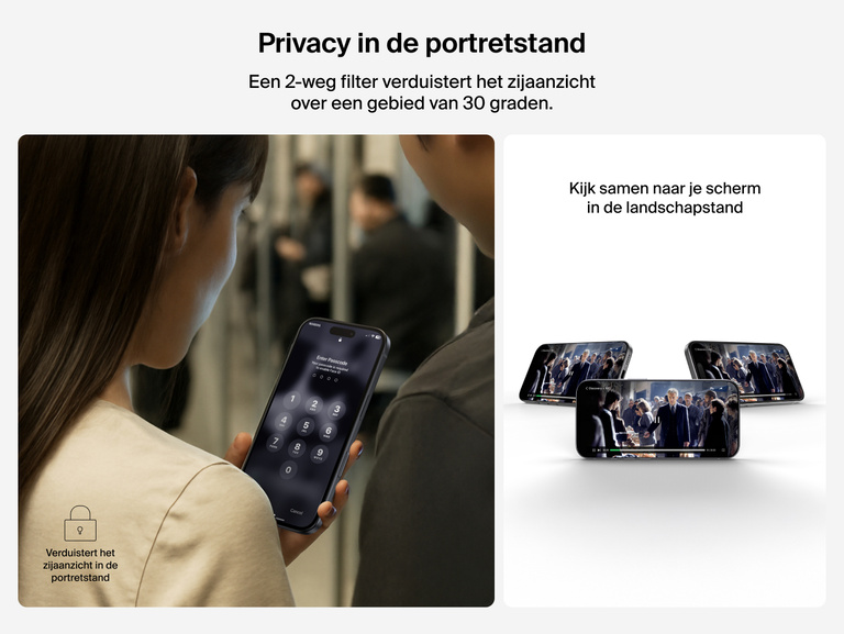 Belkin ScreenForce InvisiGlass Privacy Screen Protector provides 2-way portrait mode privacy with 30-degree side-view blocking.