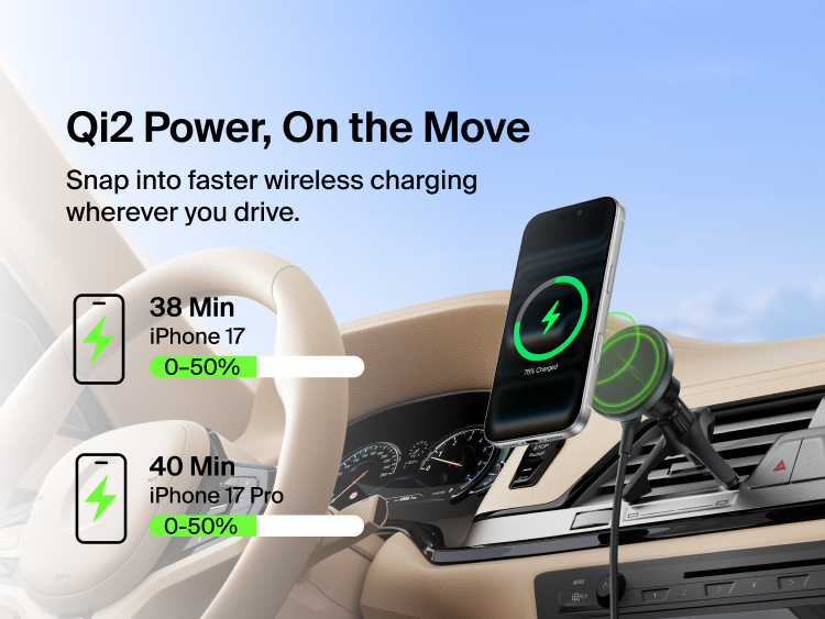 Belkin BoostCharge Magnetic Wireless Charging Car Vent Mount shown wirelessly charging a phone with Qi2 fast charging in a vehicle, highlighting quick 0–50% charge times for iPhone 17 and iPhone 17 Pro.