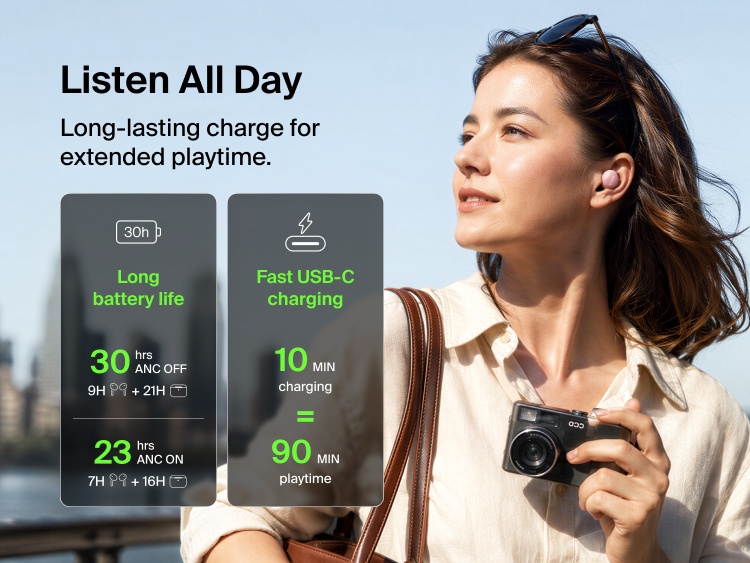 Person wearing a SoundForm Dot ANC Noise-Cancelling Earbud outdoors, highlighting long battery life and fast USB-C charging with 10 minutes of charging for 90 minutes of playtime