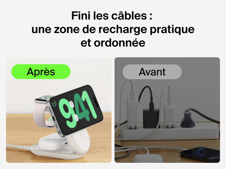 Socle de recharge 3-en-1 aimanté et pliable Belkin UltraCharge avec Qi2 (25 W) offrant une solution de recharge pratique en comparaison avec une solution de recharge filaire avec des câbles emmêlés.