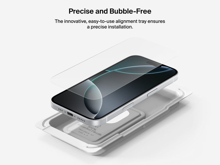 Belkin ScreenForce InvisiGlass Screen Protector with precise, bubble-free installation using easy alignment tray.
