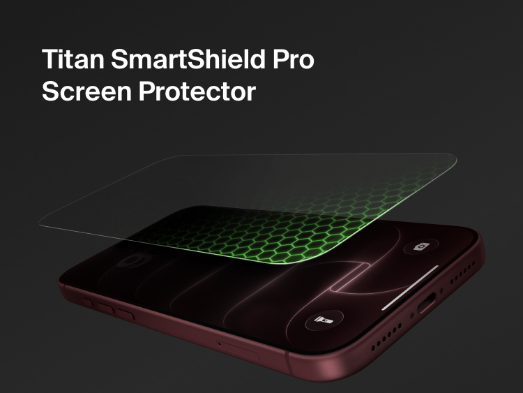 Belkin Titan SmartShield Pro Anti-Reflective Screen Protector for iPhone 18 shown above a smartphone with Nano-Titan protective technology.