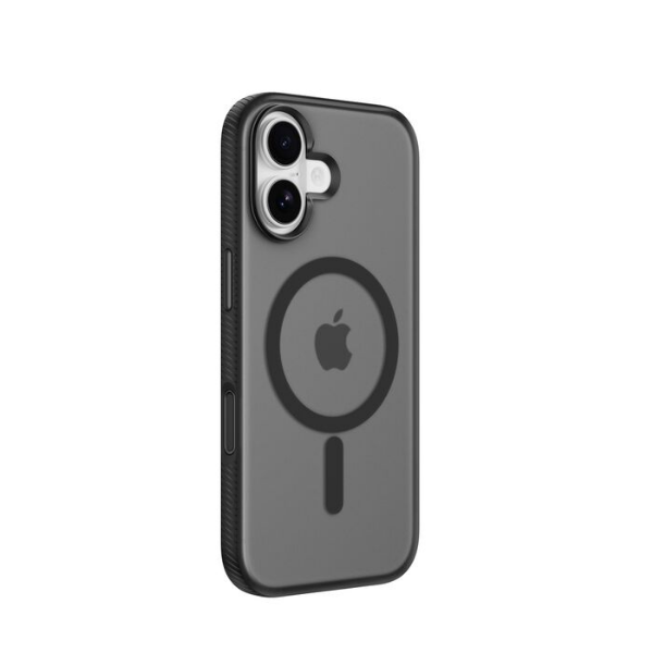 Black grip-style protective phone case with textured sides for extra hold, shown on a smartphone with dual rear cameras and MagSafe compatibility symbol visible on the back.