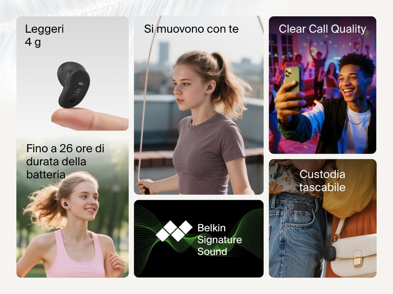 Belkin SoundForm Anywhere Wireless Earbuds shown with lightweight 4g design, up to 26h battery life, clear call quality, pocket-perfect case, and Belkin Signature Sound.