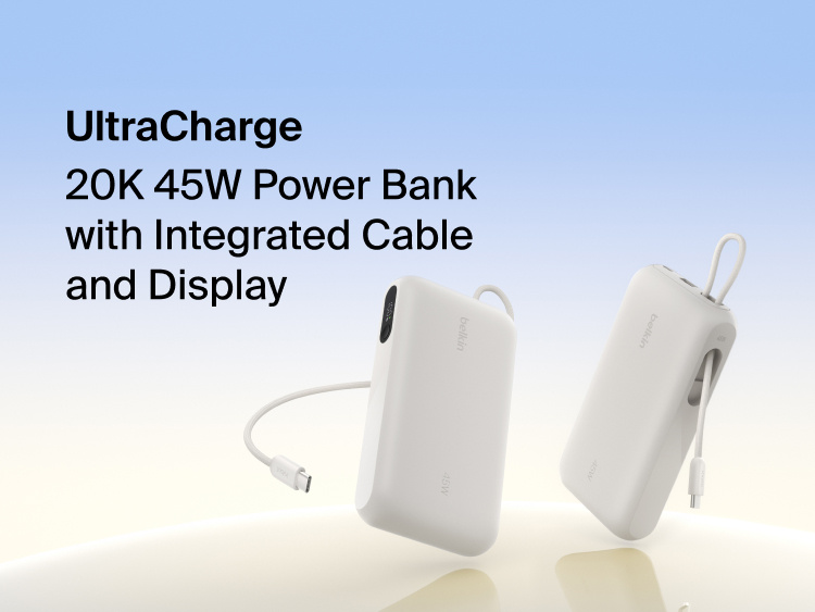 Belkin UltraCharge 20K 45W power bank with integrated USB-C cable and digital display showing portable high-capacity fast charging solution