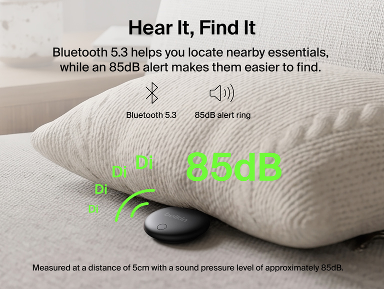 Belkin SureFind Spot uses Bluetooth 5.3 and an 85dB alert sound to help locate nearby misplaced essentials.