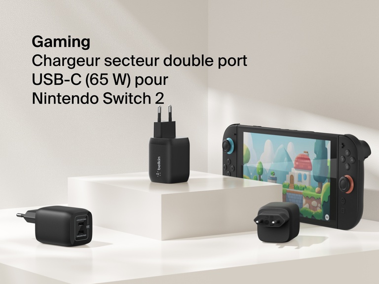 Un chargeur secteur 2 ports USB-C Gaming (65 W) de Belkin est présenté avec une Nintendo Switch 2, délivrant une recharge rapide par 2 ports USB-C, idéal pour alimenter une console et des accessoires.