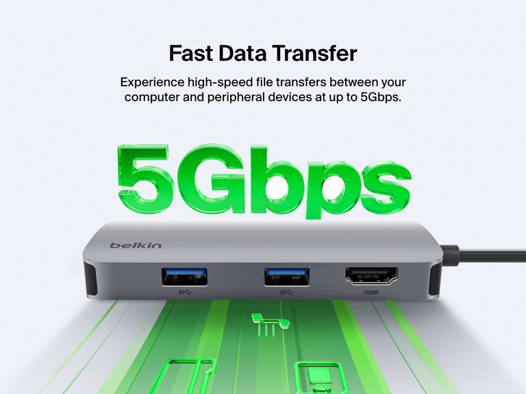 A close-up image of the Belkin Connect USB-C 5-in-1 Multiport Hub highlights its fast data transfer capability of up to 5Gbps, with green digital icons and text emphasizing high-speed connectivity.