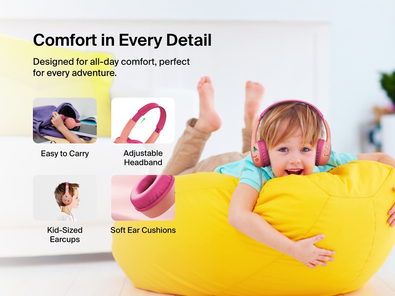 Smiling child wearing Belkin Wired On-Ear Headphones for Kids while lounging on a yellow beanbag, with callouts for soft ear cushions, adjustable headband, kid-sized earcups, and easy portability.