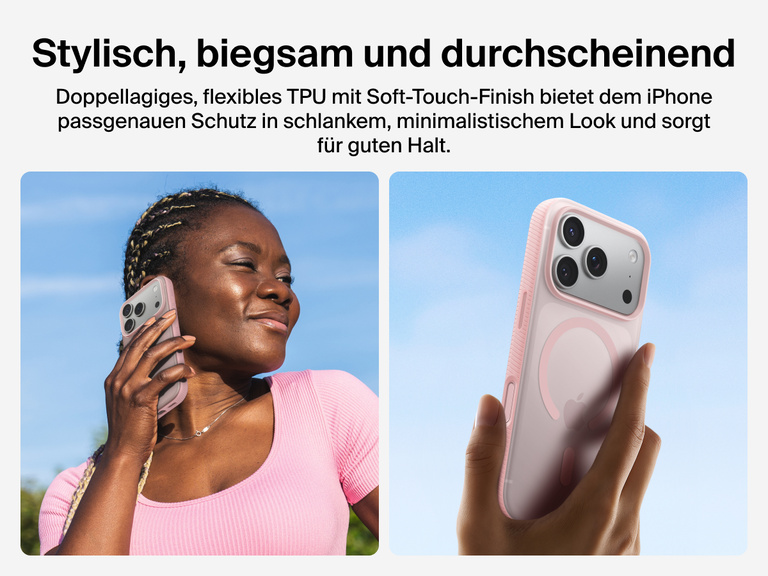 Belkin SheerForce Grip Series Case for iPhone 17 with slim translucent design and soft-touch finish for a comfortable grip.