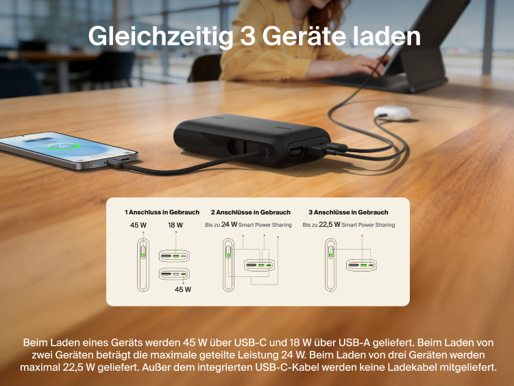 Belkin UltraCharge 10K power bank with integrated USB-C cable and digital display charging up to three devices simultaneously with smart power sharing