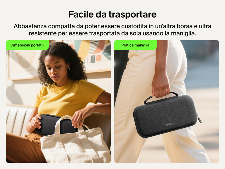 La custodia di ricarica Belkin Gaming per Nintendo Switch 2 è mostrata mentre viene custodita facilmente in una borsetta o trasportata usando la maniglia, in modo da evidenziarne le dimensioni portatili e la praticità di trasporto durante i viaggi.