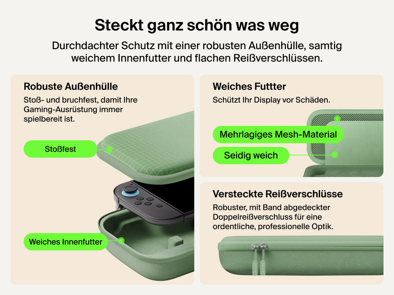 Belkin Gaming Charging Case for Nintendo Switch 2 features a shock-resistant outer shell, soft velvet-lined interior, layered mesh protection, and stealth zippers for durable, travel-ready protection.