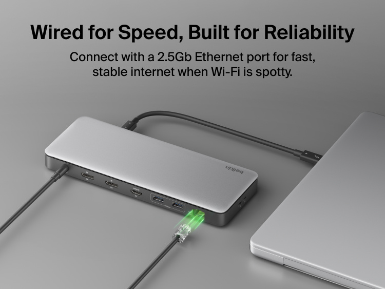 A Thunderbolt 4 dock connected to a laptop via Ethernet, highlighting a 2.5Gb Ethernet port for fast and reliable wired internet connectivity.
