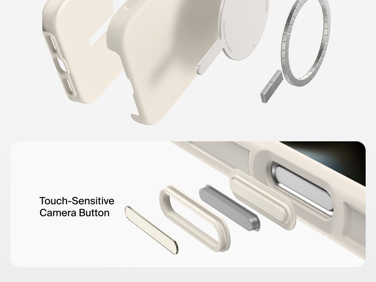 Belkin ScreenForce Protect Series Case for iPhone 17 featuring touch-sensitive camera button and layered design for magnetic precision and durable protection.