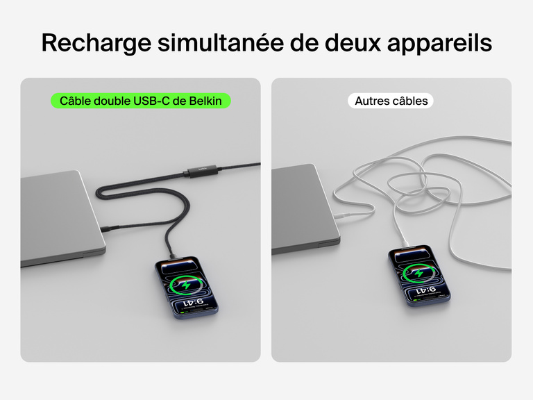 Image du c&acirc;ble &agrave; gaine tress&eacute;e Belkin BoostCharge&nbsp;Pro USB-C vers double USB-C illustrant sa capacit&eacute; &agrave; recharger deux&nbsp;appareils en simultan&eacute;, compar&eacute; aux c&acirc;bles conventionnels.