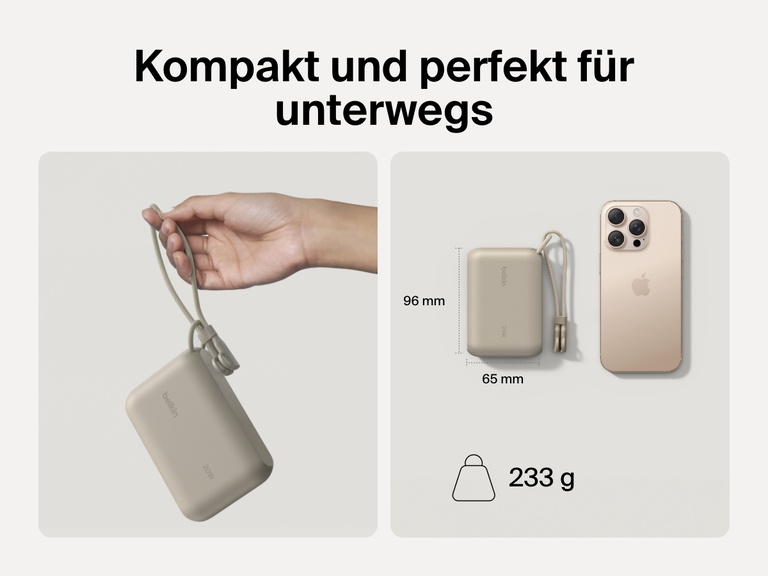 Die Belkin BoostCharge Powerbank 10K mit Display wird in einer Hand und neben einem Smartphone gezeigt, um das kompakte Design für unterwegs mit 96 x 65 mm und dem leichten Gewicht von 233 g zu veranschaulichen.