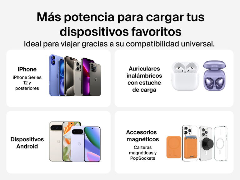 Belkin BoostCharge Slim Magnetic Power Bank 10K compatibility with iPhone, Android devices, wireless earbuds with charging case, and magnetic accessories like wallets and PopSockets