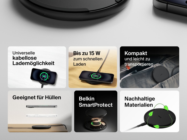 A black Belkin BoostCharge Wireless Charging Pad 15W is showcased with key features, including universal wireless charging, up to 15W fast charging, compact and travel-friendly design, case compatibility, Belkin SmartProtect technology, and sustainable materials, displayed in individual sections with corresponding images.