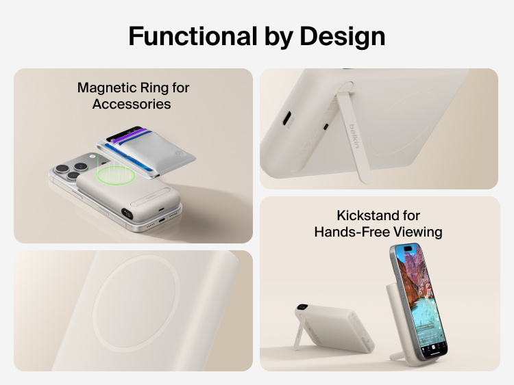 Belkin UltraCharge Pro Power Bank 10K with magnetic ring shown with accessory attachment support and an integrated kickstand for secure mounting and hands-free phone viewing.