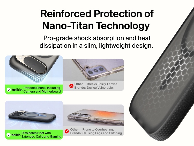 Belkin Grip Series Case for Google Pixel 11 featuring Nano-Titan technology for advanced shock absorption, heat dissipation, and enhanced device protection.