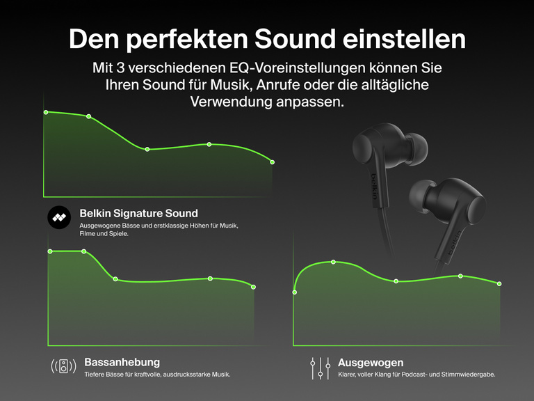 Belkin SoundForm ANC Wired Earbuds with USB-C® offer customizable EQ presets including Signature Sound, Balanced, and Bass Boost for a personalized listening experience.