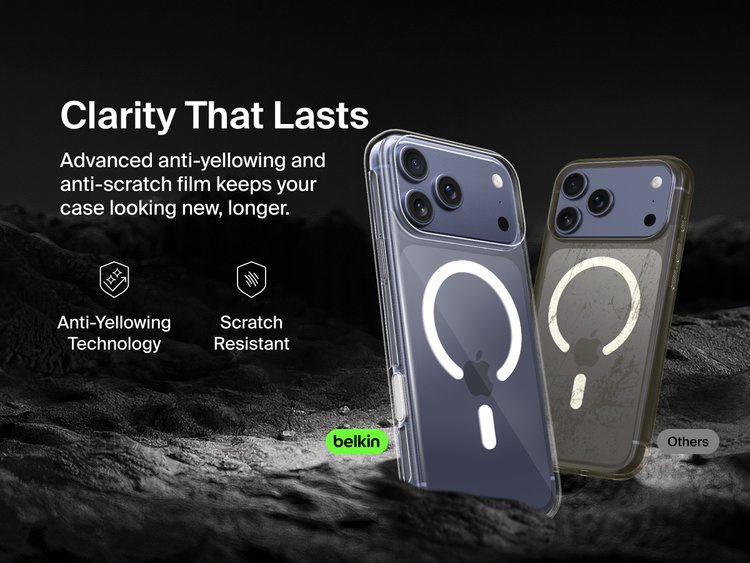 Belkin SheerForce Clear Series Case for iPhone 17 with anti-yellowing and scratch-resistant technology compared to discolored generic case.