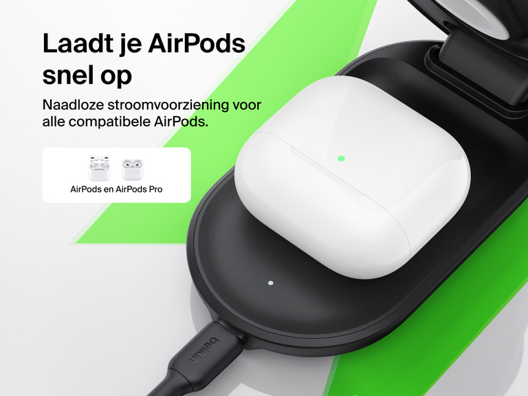 De Belkin UltraCharge 3-in-1 uitklapbare magnetische lader met Qi2 25W biedt snel draadloos opladen voor AirPods en AirPods Pro met naadloze compatibiliteit.