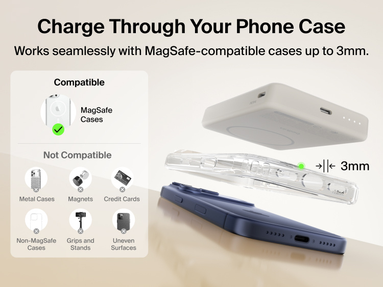 Slim Magnetic Power Bank 10K with Qi2 hovering above smartphone with case demonstrating compatibility and magnetic alignment