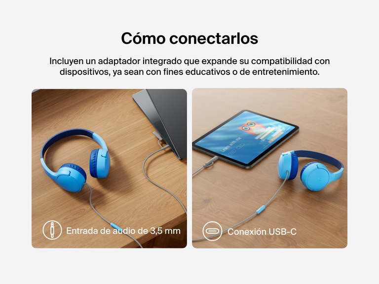 Side-by-side images showing Belkin Wired On-Ear Headphones for Kids connected to a laptop via 3.5mm audio jack and to a tablet via USB-C, demonstrating broad device compatibility.
