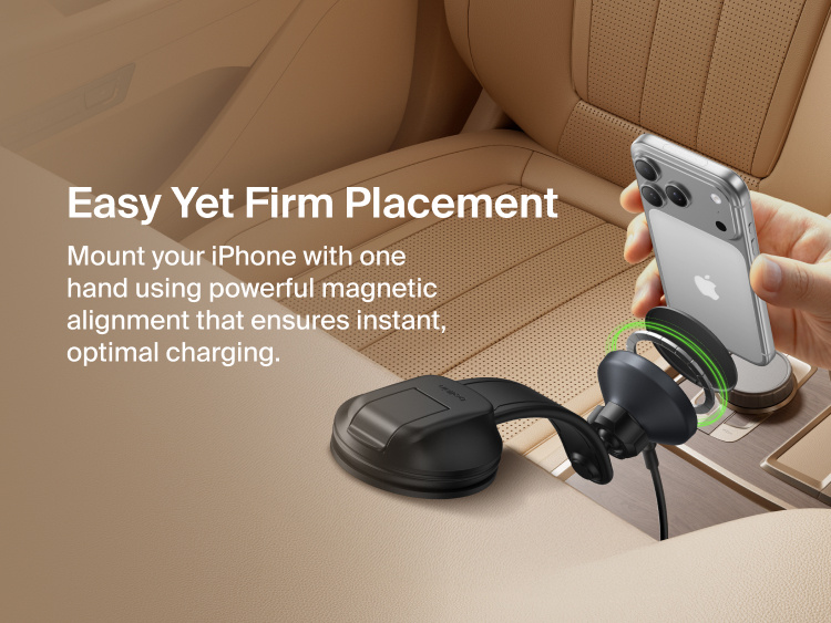 Belkin BoostCharge Magnetic Wireless Charging Car Vent and Dash Mount shown aligning an iPhone with strong magnetic attachment for quick, secure one-handed placement and instant charging.