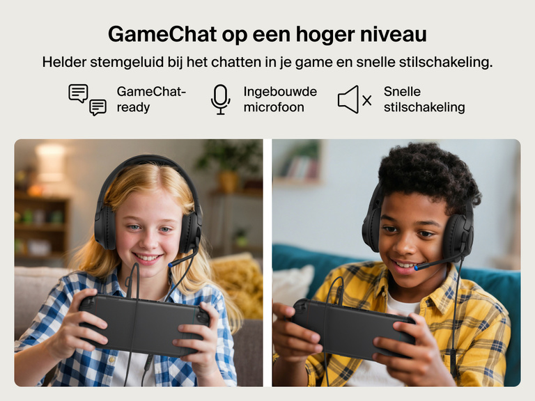 Twee kinderen gebruiken de Belkin Gaming Inspire bedrade headset voor kinderen voor de Nintendo Switch 2. Te zien is dat hij een ingebouwde microfoon heeft, geschikt is voor GameChat en snel kan worden gedempt voor naadloze communicatie tijdens het gamen.