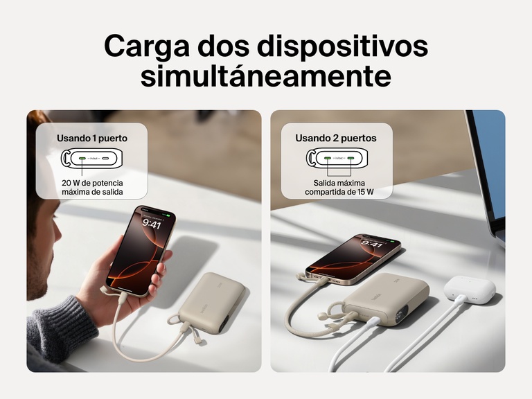 Comparación visual de la batería externa 10K con pantalla BoostCharge de Belkin en la que se ilustra como puede cargar un dispositivo a 20 W o dos de forma simultánea con 15 W (compartidos). En la imagen se ve la batería cargando un smartphone y unos auriculares sobre una mesa.