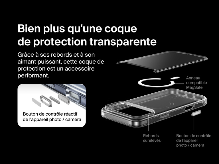 Belkin SheerForce Clear Series Case for iPhone 17 with raised edges, MagSafe-compatible ring, touch-sensitive camera button, and layered clear protection design.