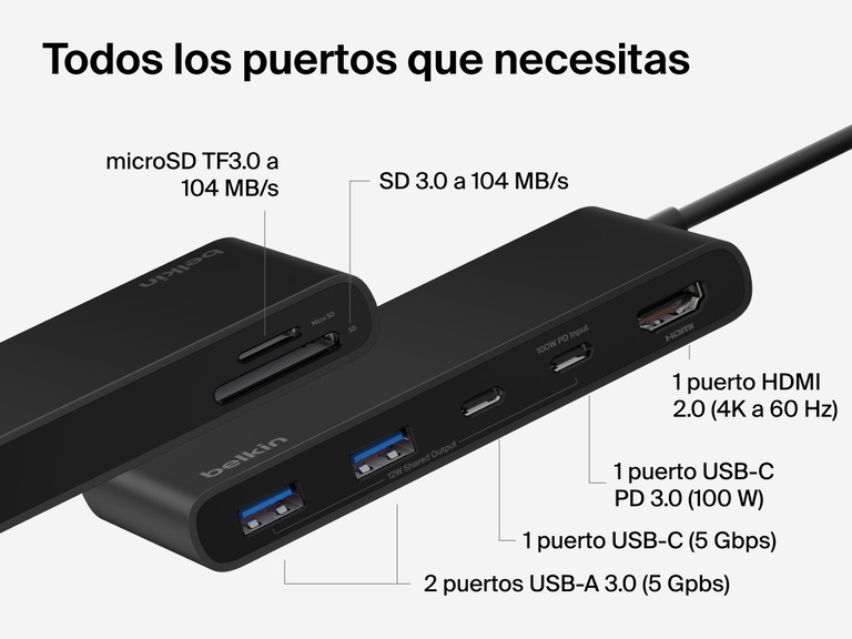Belkin Connect 7-Port USB-C Hub with Dual USB-C Ports showing HDMI, USB-C PD, USB-A, SD, and microSD slots labeled with speeds and power output.